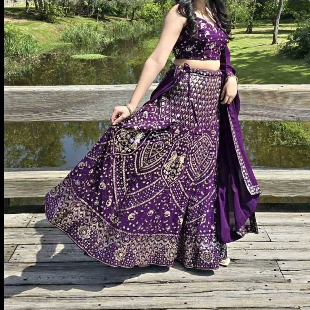 3 Piece Lengha Set, size M, purple and silver, worn once.